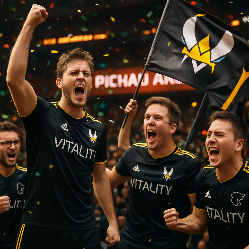 Vitality team celebrating their victory in a high-energy esports event, emphasizing the joy and